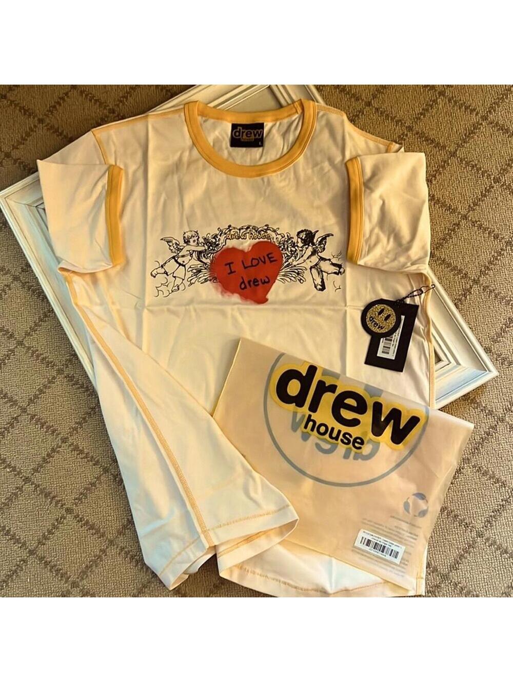 drewhouse Cream and yellow short sleeve ringer T-shirt w 2 cherubs, heart NWT L
